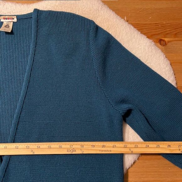 VTG Rodier Teal Blue Wool Blend LS Padded Button Cardigan Sweater Size Large - Picture 10 of 11